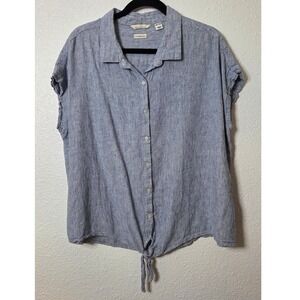 Blue Stripe Linen Blend Tie Front Button Shirt Coastal Summer Minimalist Capsule